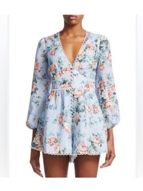 Zimmermann Baby Blue Floral Lace-Edged Dress